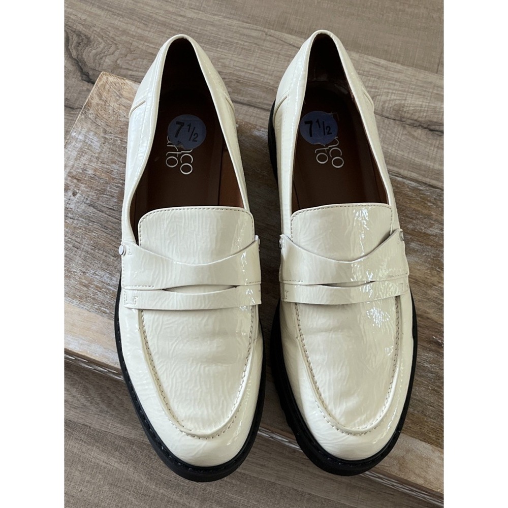 Franco Sarto Balin Cream Chunky Loafers Womens 7.5 Ivory Patent Leather Lug Sole